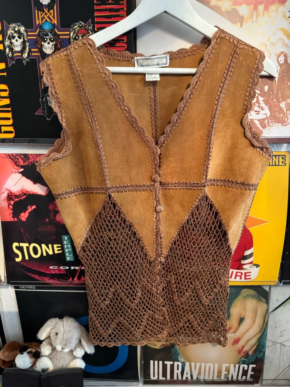 Brown Crochet-Panel Suede-Look Sleeveless Vest